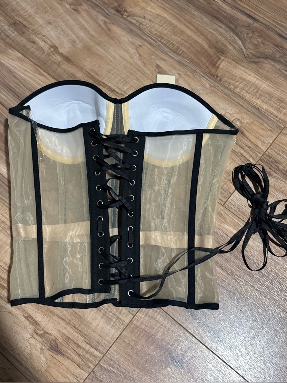 Sheer Nude Mesh Corset Top with Black Trim